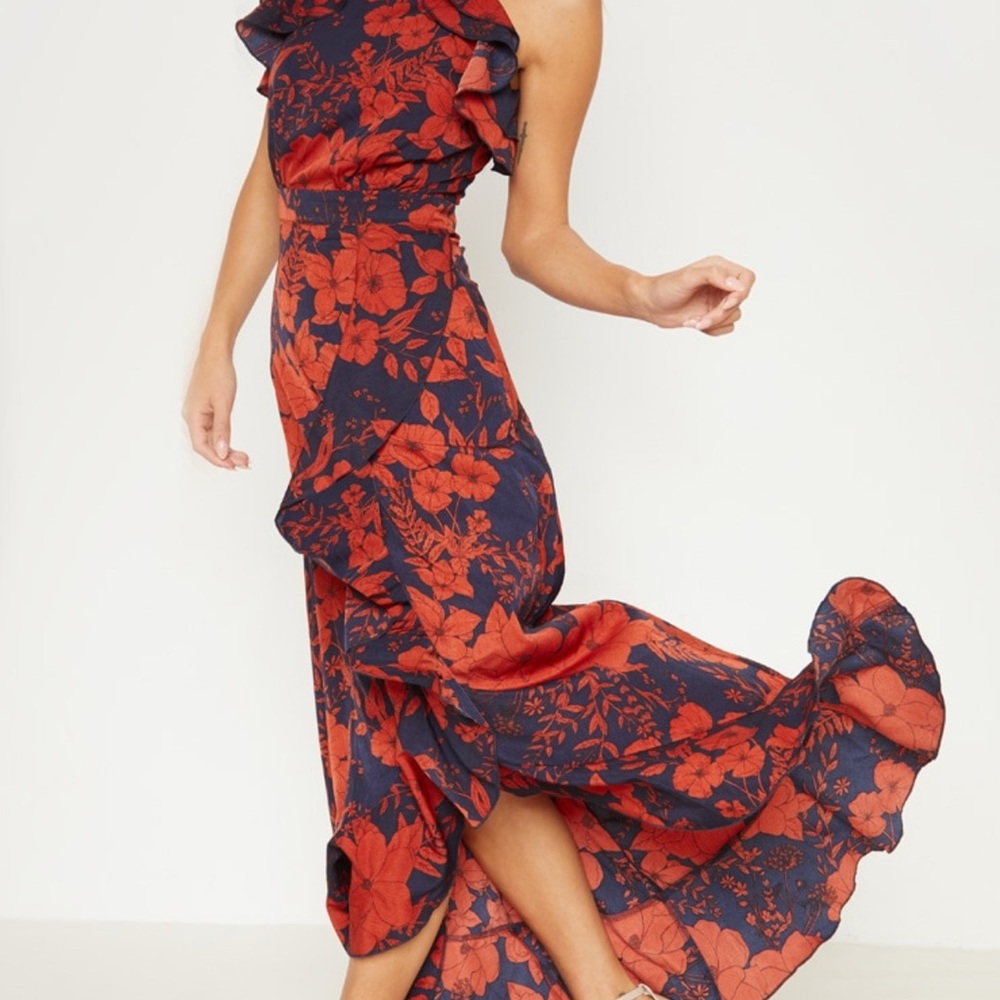 PrettyLittleThing One Shoulder Floral Dress - Navy and Red